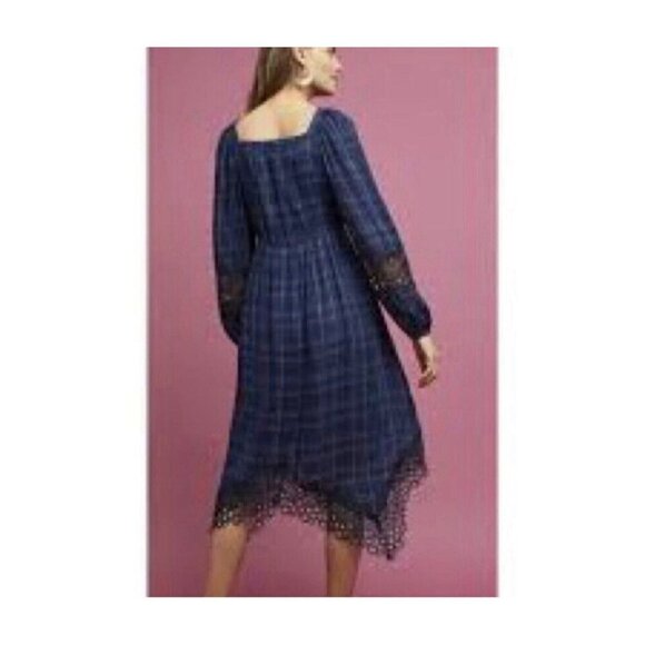 AKEMI + KIN ANTHROPOLOGIE Codie Kerchief DRESS Crochet Trim Blue Plaid Size - Picture 3 of 16